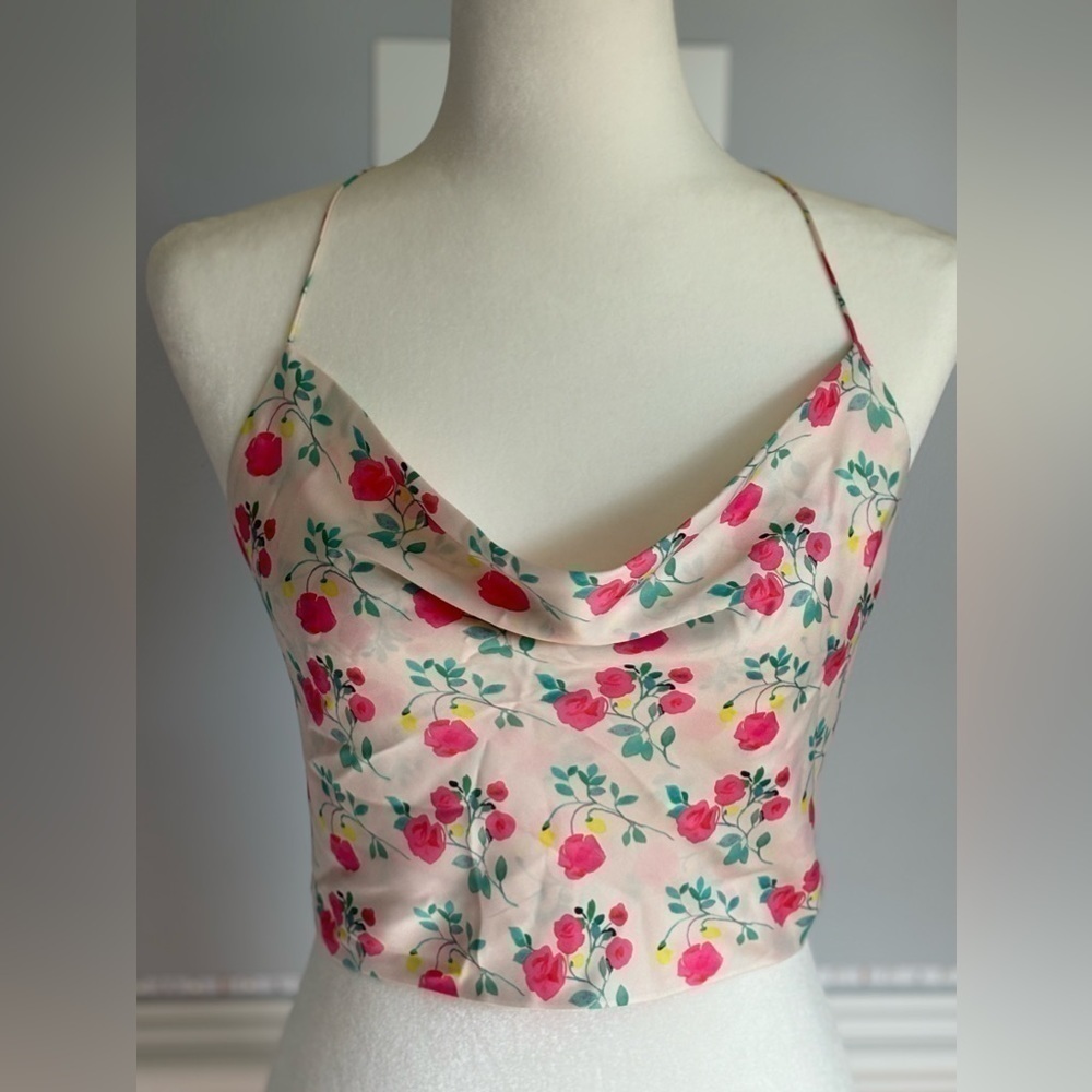 🔥NWT ZARA Backless Halter Tank Crop Floral Pink Peach Size M Recycled Tie-Back